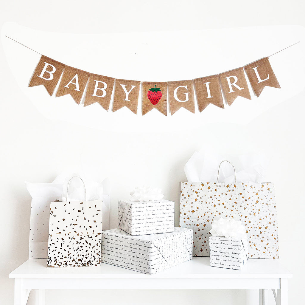 Sweet Baby Girl Burlap Banner | Strawberry Baby Shower Decorations