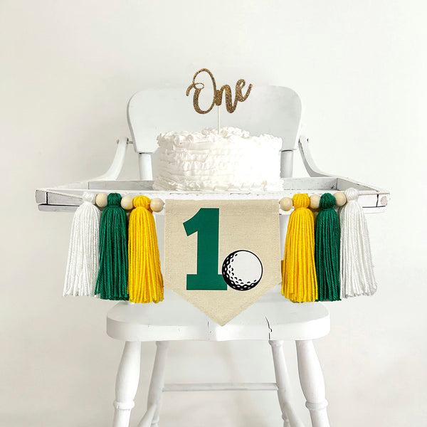 Golf 1st Birthday Tassel Banner, Hole in One Highchair Decoration, Yellow and Green Sports First Birthday Party Sign, Cake Smash Pennant