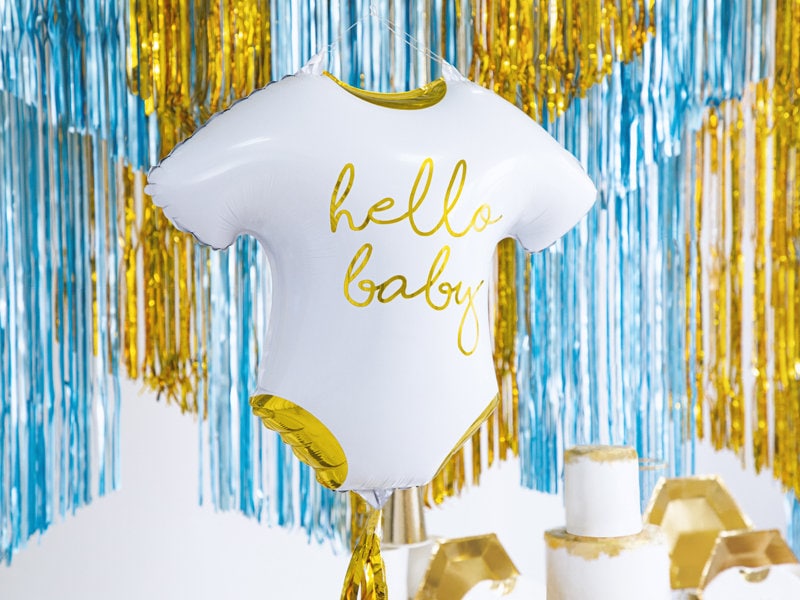 Hello Baby Onesie Balloon | White and Gold Baby Shower Decor | Gender Neutral Baby Shower | Gold Baby Onesie Shaped Mylar Balloon