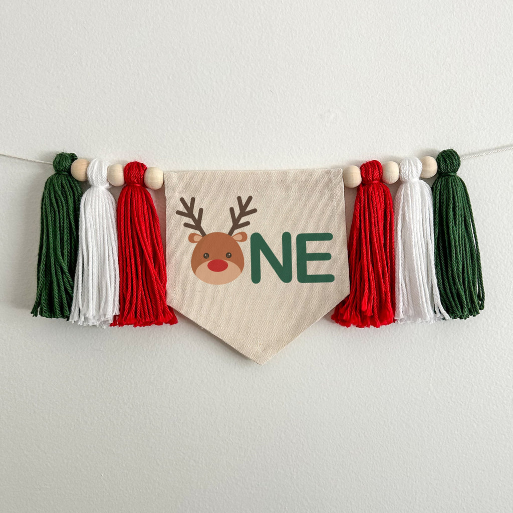 Reindeer 1st Birthday Party Decorations | Oh What Fun Christmas High Chair Tassel Banner