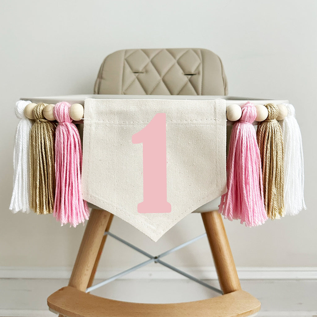 1st Birthday High Chair Banner | Pink Neutral First Birthday Party Decorations