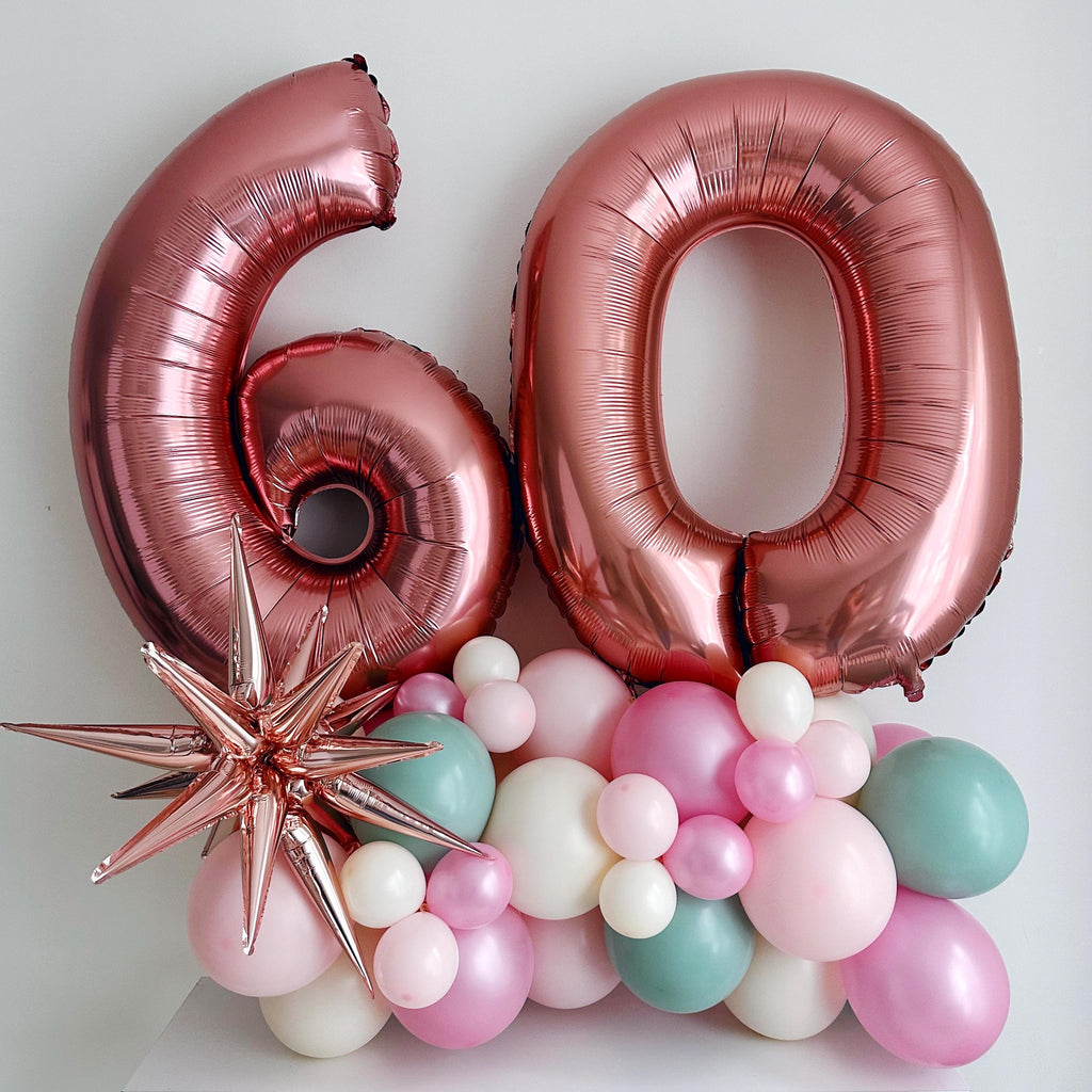 60th Birthday Party Decorations, 60th Party Decor, Milestone Birthday Celebration, Rose Gold Balloon Tower, Sixty Party Balloons, Happy 60th