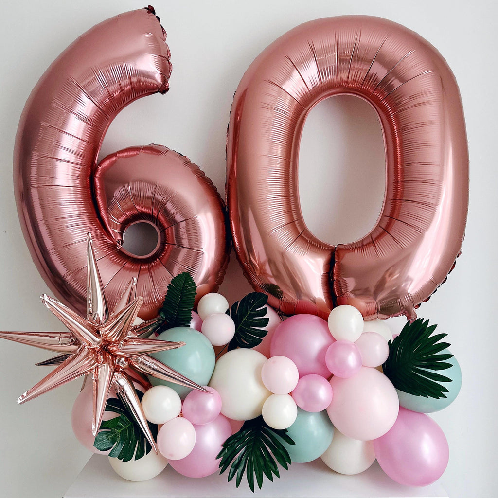 60th Birthday Party Decorations, Tropical 60th Party Decor, Milestone Birthday Celebration, Rose Gold Balloon Tower, Sixty Party Balloons