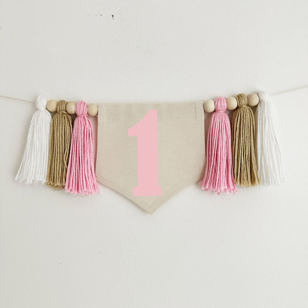1st Birthday High Chair Banner | Pink Neutral First Birthday Party Decorations