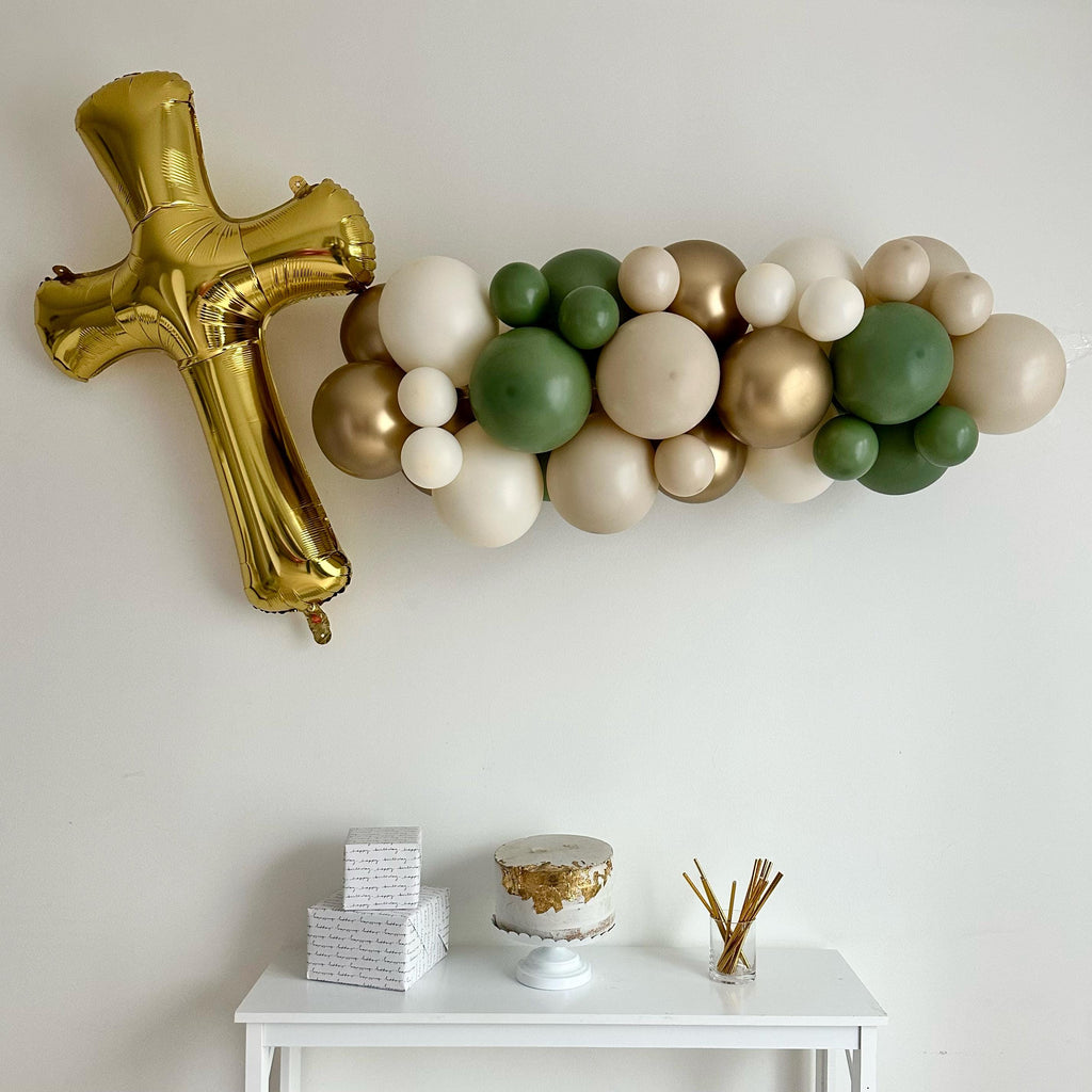 Religious Balloons, Christening Party Decor, Baptism Balloon Collection, Religious Celebration, Neutral Balloon Garland, Gold Cross Balloon