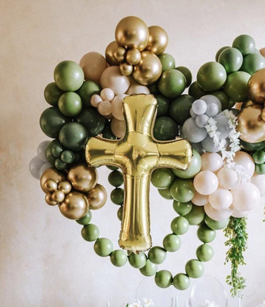 Religious Balloons, Christening Party Decor, Baptism Balloon Collection, Religious Celebration, Neutral Balloon Garland, Gold Cross Balloon