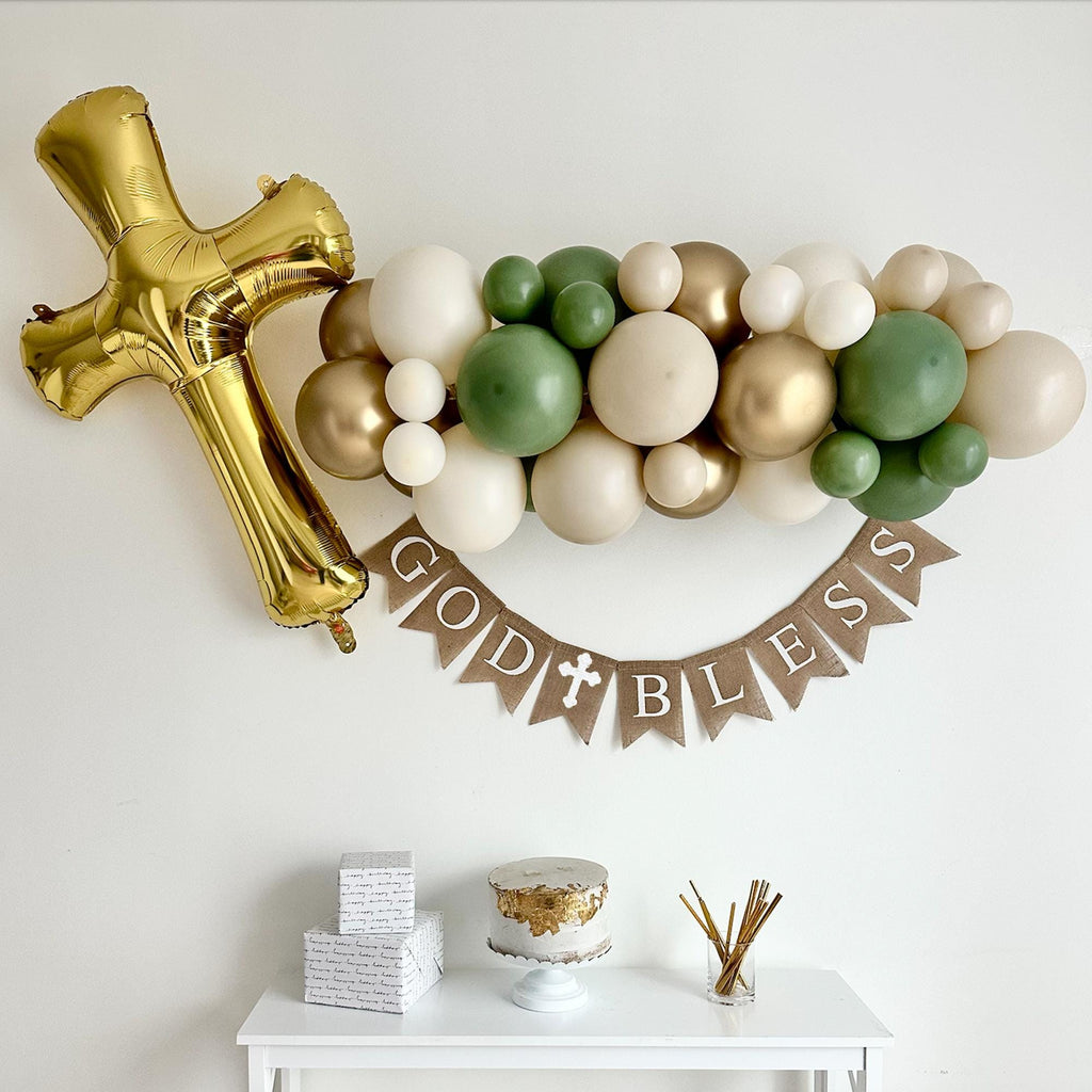 Religious Balloons, Christening Party Decor, Baptism Balloon Collection, Religious Celebration, Neutral Balloon Garland, Gold Cross Balloon