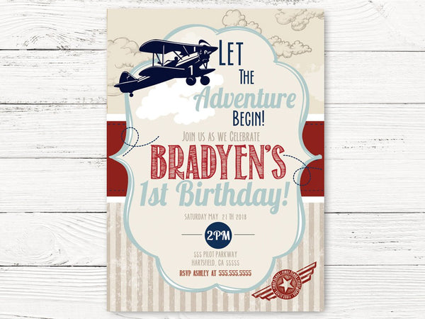 Vintage Airplane First Birthday, Airplane Invite, Adventure Begins Party, Airplane Pilot Themed Party, First Birthday Invitation , C096