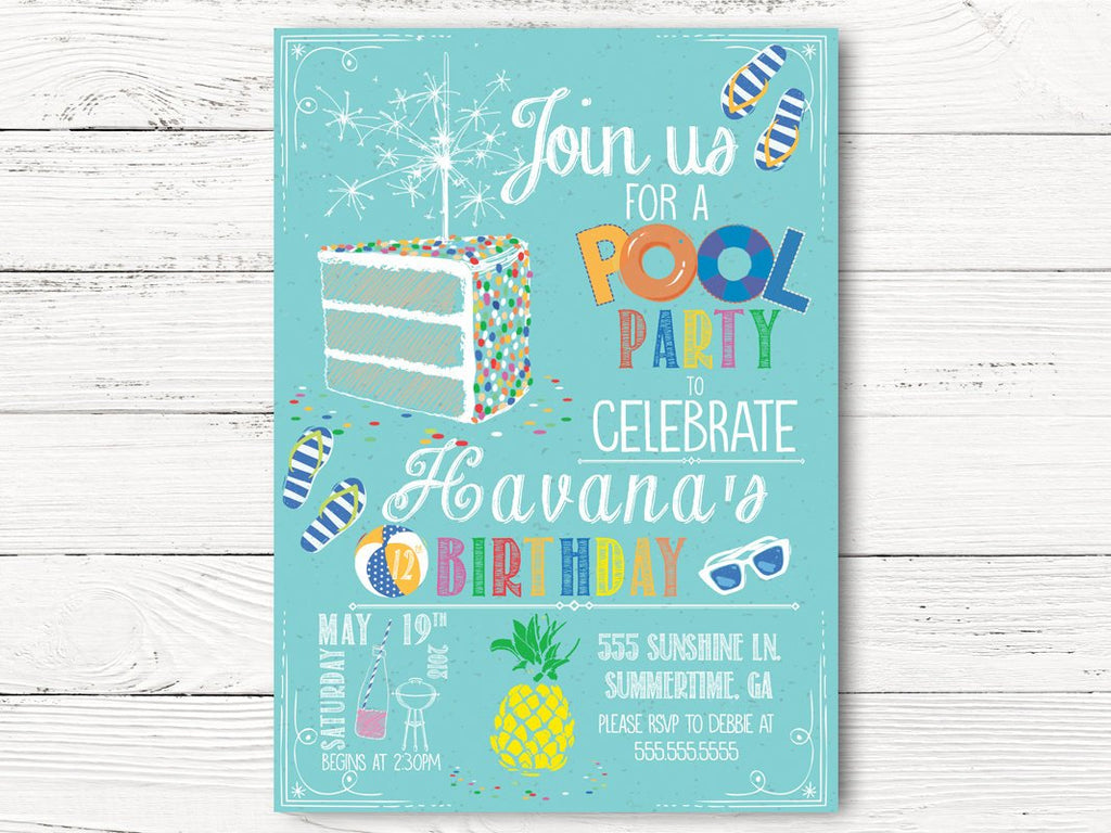 Digital Pool Party Birthday Invitation, Summer Party  Invite, Pool Birthday Invitation, C108
