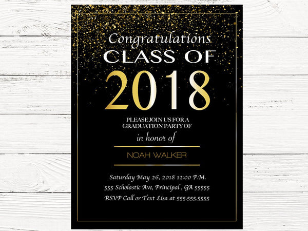 Digital Graduation Invitations, Graduation Party Invite, Class of 2018 Graduation Announcement, 2018 Graduation Invite Black and Gold, C106