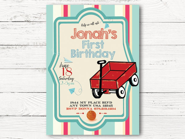 Digital Vintage Red Wagon First Birthda, Roll Into Birthday Party, Red Wagon Themed Party, First Birthday Invitation , C111