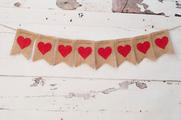 Valentines Decoration, Red Hearts Banner, Valentines Burlap Banner, Valentine Photo Prop, Valentines Day Gift, Hearts Garland, B007