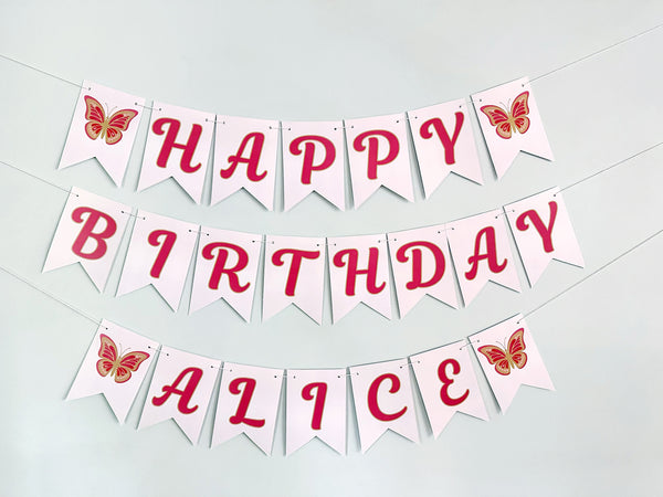 Personalized Pink Butterfly Birthday Banner, Butterfly Birthday Party Decor, Pink Party Decor, Pink Birthday Decorations, Card Stock Banner