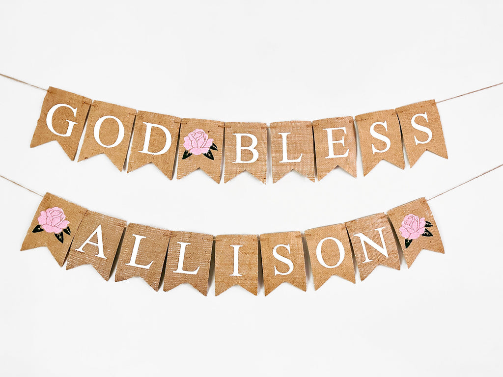 Pink Rose God Bless Banner, Baptism Banner, Confirmation Banner, Christening Banner, First Communion Banner, Religious Decor B1168