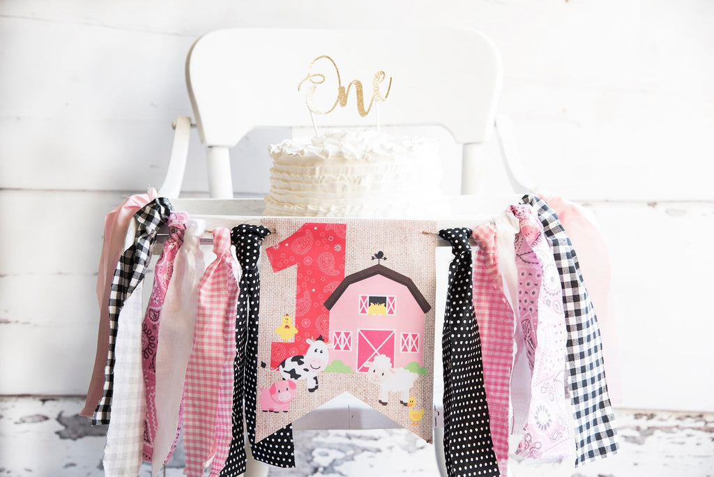 Farm 1st Birthday Decor, Farm Highchair Banner, Pink Farm Banner, Barn Banner, Barnyard Animals Banner, HC019