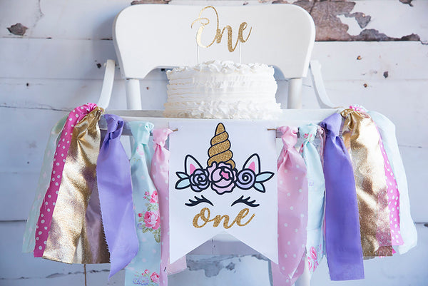 Unicorn First Birthday Decor, Unicorn Highchair Banner, Girl's Party Banner, One Year Old Banner, First Birthday Party, Photo Prop, HC024