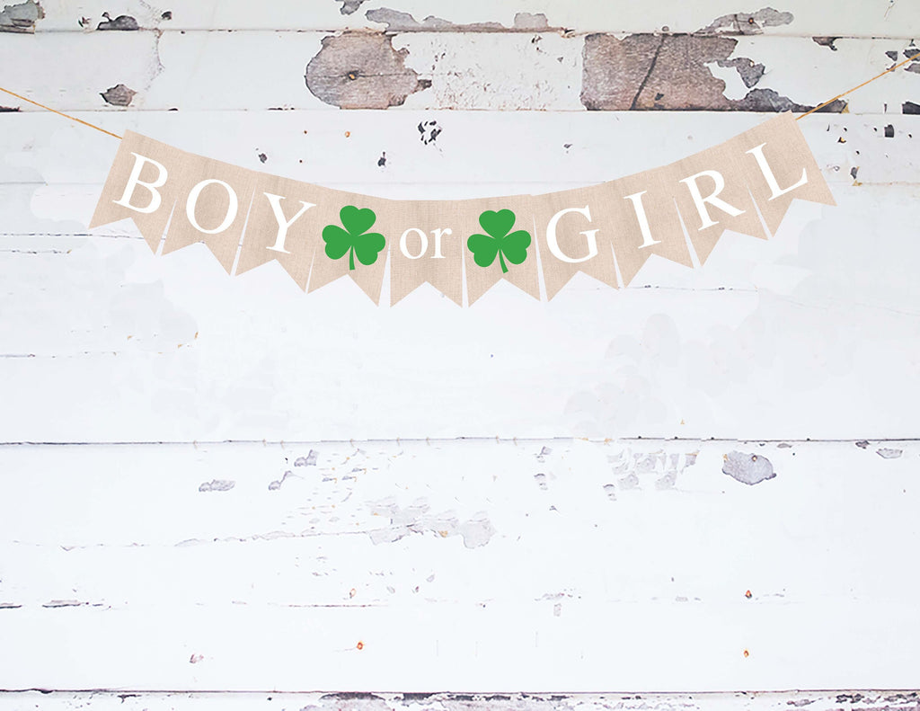 Shamrock Gender Reveal Banner, St Patrick's Day Baby Shower or Gender Reveal Party Decor, Boy or Girl Cardstock Banner PB933