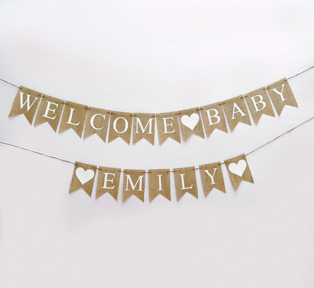 Baby Shower Decor, White Heart Welcome Baby Banner, Gender Netural Baby Banner, Personalized Baby Baby Shower Garland, B1285