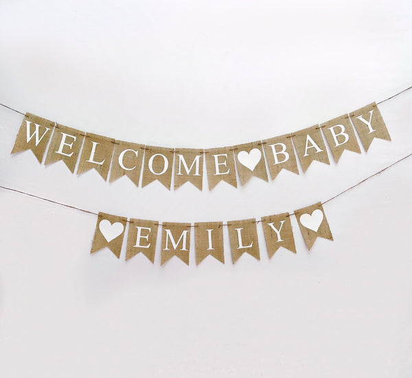 Baby Shower Decor, White Heart Welcome Baby Banner, Gender Netural Baby Banner, Personalized Baby Baby Shower Garland, B1285