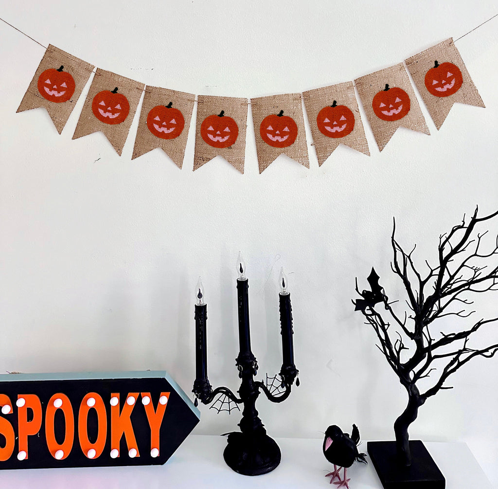 Orange & Pink Jack-o-Lantern Pumpkin Burlap Banner, Halloween Party Decorations, Halloween Mantle Garland, Happy Halloween, B1297