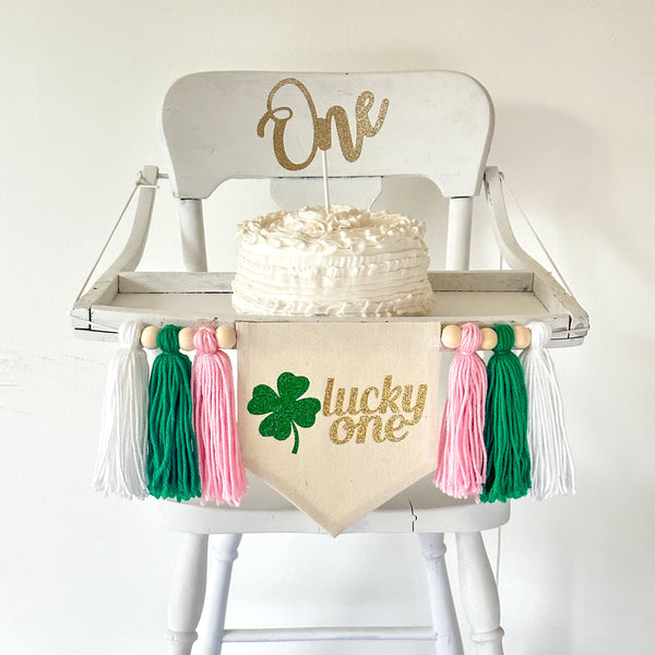 Lucky One Pink 1st Birthday Tassel Banner, St Patrick's Day Highchair Decoration, Shamrock First Birthday Party, Clover Cake Smash Pennant