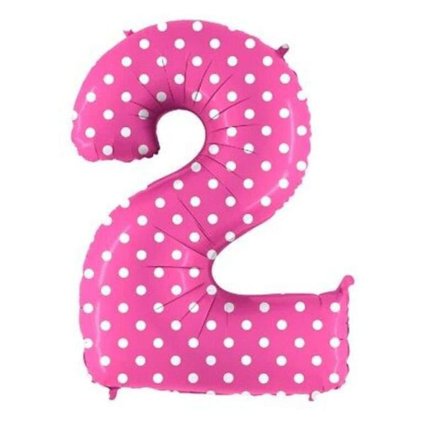 Large Pink Polka Dot Two Balloon, 40 inch Pink and White Foil Number Two Polka Dot Balloon, 2nd Birthday Balloon