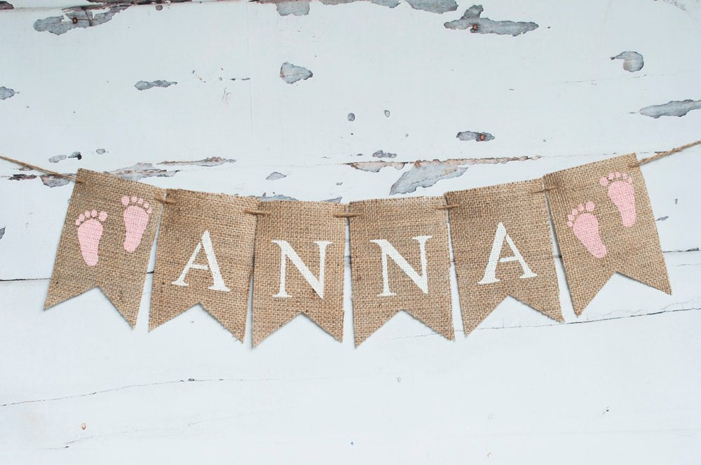 Girl Foot Print Banner, Pink Footprint Banner, Baby Foot Print Name Banner, Baby Name Banner,  Girl Baby Shower Banner, B133