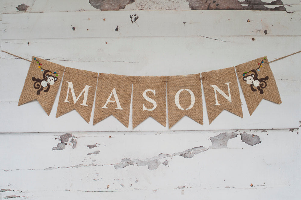 Monkey Burlap Banner, Our Little Monkey Banner, Personalized Name Banner, Little Monkey Nursery Decor, B210