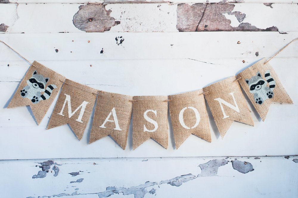Raccoon Banner, Raccon Personalized Banner, Personalized Name Banner, Nursery Decor, Raccoon Name Banner, Woodland Animal Banner, B227
