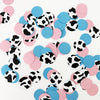 a collection of colorful confetti shapes, including pink, blue, and black and white cow-shaped pieces, scattered across a white background.