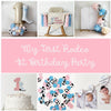 The image includes a collage of items included in a My First Rodeo 1st birthday collection. A one balloon tower, a My First Rodeo highchair banner, a balloon garland, cake topper, confetti and a monthly photo banner.