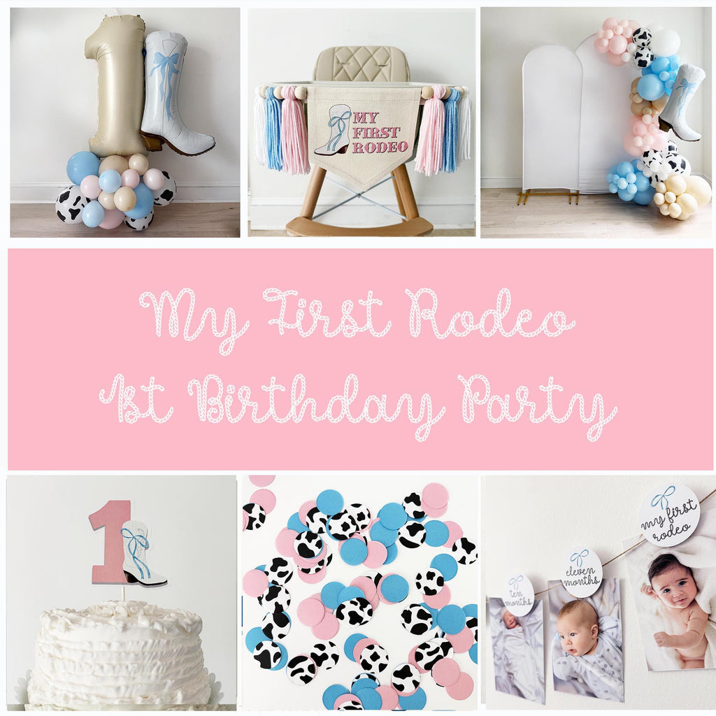 The image includes a collage of items included in a My First Rodeo 1st birthday collection. A one balloon tower, a My First Rodeo highchair banner, a balloon garland, cake topper, confetti and a monthly photo banner.