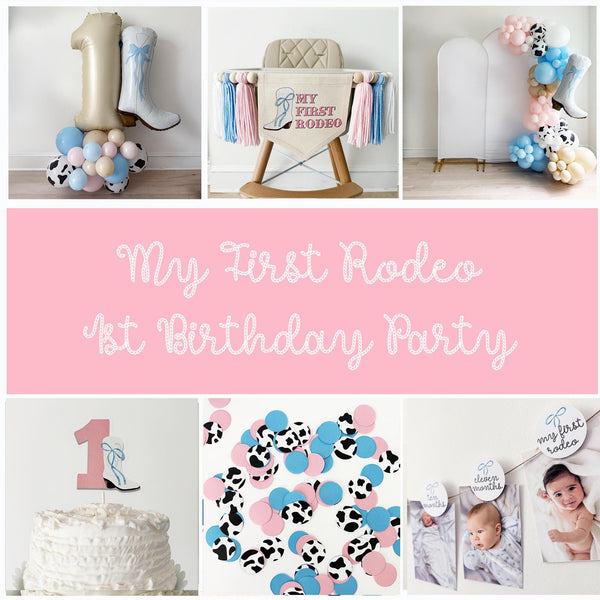 The image includes a collage of items included in a My First Rodeo 1st birthday collection. A one balloon tower, a My First Rodeo highchair banner, a balloon garland, cake topper, confetti and a monthly photo banner.
