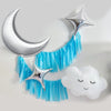 a crescent moon, two silver stars, and a cloud-shaped balloon, all set against a white background.