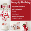 The image is a collage of various items related to a berry 1st birthday celebration, including a high chair banner, confetti, a cake topper, a cake, a photo banner, and a balloon.