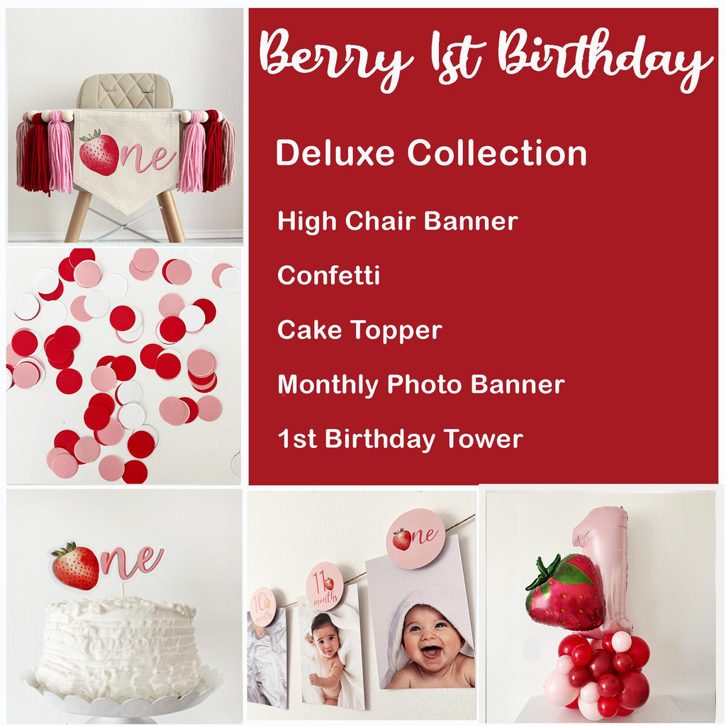 The image is a collage of various items related to a berry 1st birthday celebration, including a high chair banner, confetti, a cake topper, a cake, a photo banner, and a balloon.