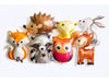 A group of seven foil balloons in the shape of various animals, including a hedgehog, rabbit, fox, raccoon, owl, and deer.