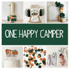 The image is a collage of various items related to a "One Happy Camper" theme, including a number one balloon, a rocking chair, a chair with a banner, balloons, confetti, a cake, and a baby photo.