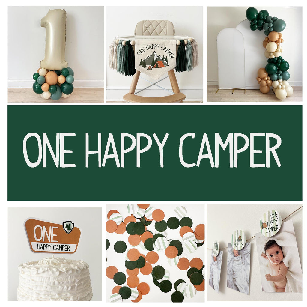 The image is a collage of various items related to a "One Happy Camper" theme, including a number one balloon, a rocking chair, a chair with a banner, balloons, confetti, a cake, and a baby photo.