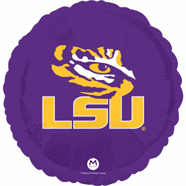 A purple balloon with the LSU logo prominently displayed.