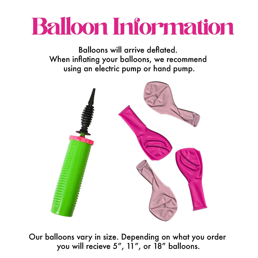 The image provides information about the balloons, including that they will arrive deflated when inflating and that they are available in various sizes, ranging from 5" to 18" balloons.