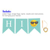 a banner with the word "HI" and a yellow smiley face icon, along with some additional decorative elements such as letter flags, twine, and a needle.