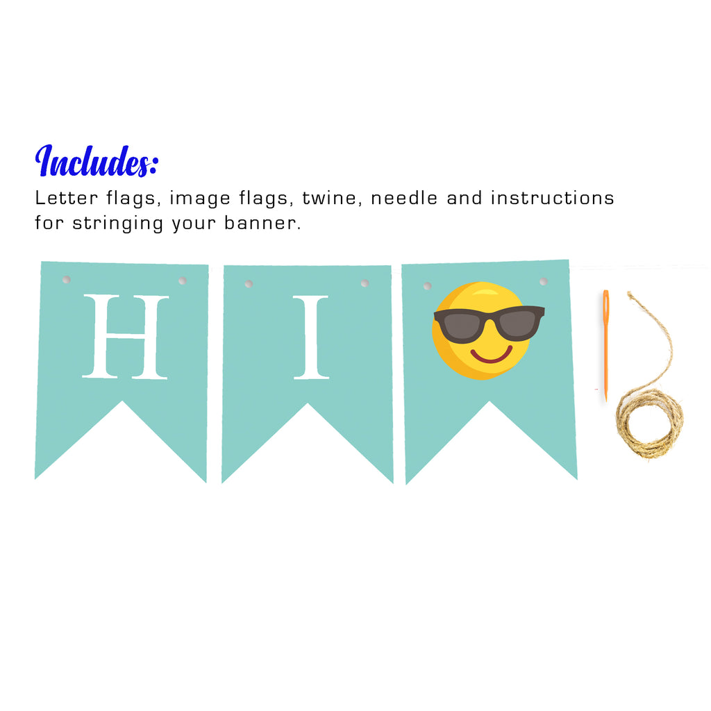 a banner with the word "HI" and a yellow smiley face icon, along with some additional decorative elements such as letter flags, twine, and a needle.