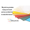 a variety of colorful paper sheets arranged in a fan-like pattern, with a text overlay that reads "We print on premium heavy card stock and use archival ink to make this banner."