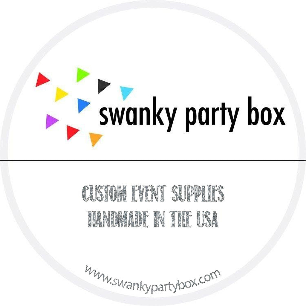 a logo for a company called "swanky party box" that specializes in custom event supplies. The logo includes a circular design with colorful triangles and the company's name in bold black text. Below the logo, there is text that reads "CUSTOM EVENT SUPPLIES HANDMADE IN THE USA". The website "www.swankypartybox.com" is also provided.