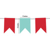 three flags hanging from a wire, with the flag in the middle being a light blue color and the other two being red.