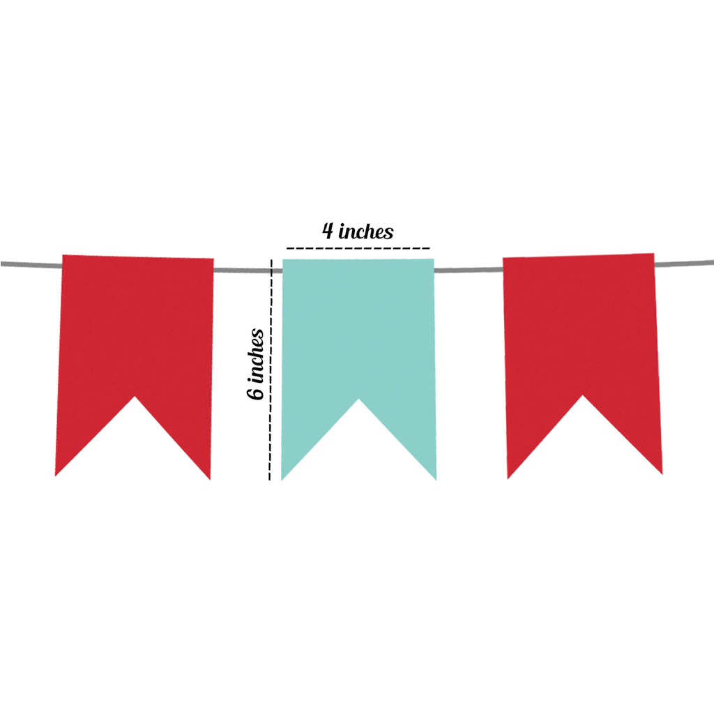 three flags hanging from a wire, with the flag in the middle being a light blue color and the other two being red.