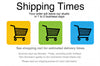 The image is a promotional graphic for shipping times, featuring three shopping carts with different colors and a message about shipping times.
