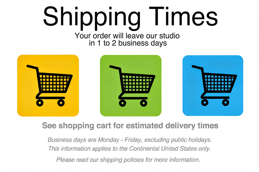 The image is a promotional graphic for shipping times, featuring three shopping carts with different colors and a message about shipping times.