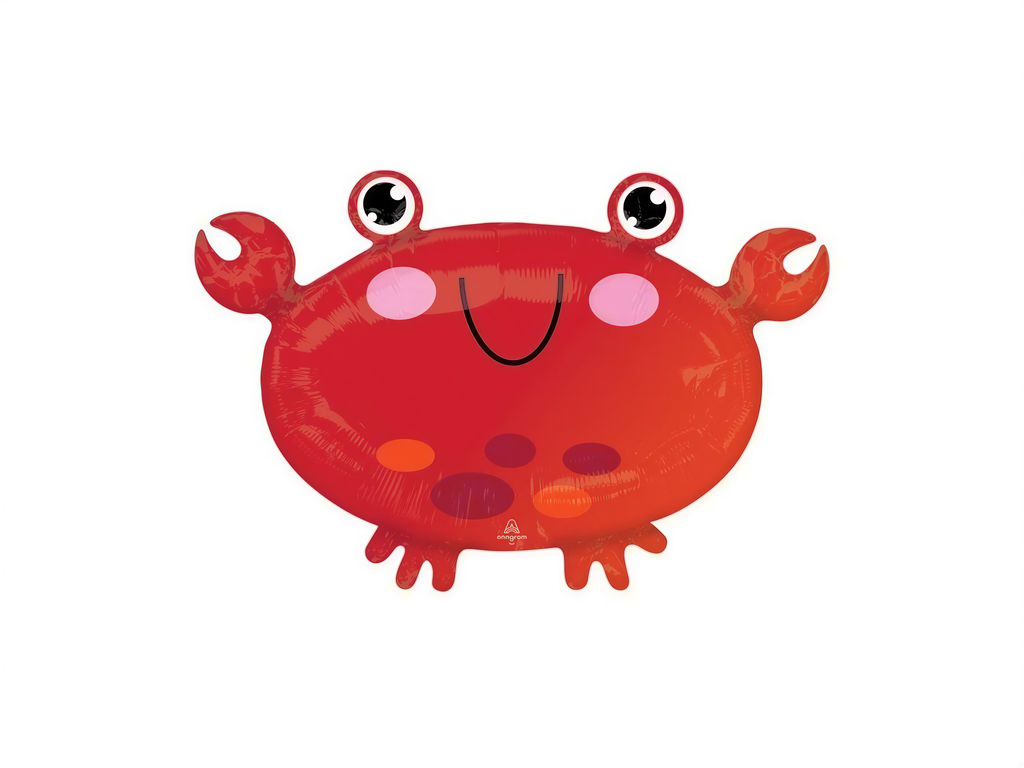 A red crab balloon with large eyes and a smiling face.